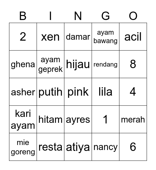 Bingo with Ghena Bingo Card