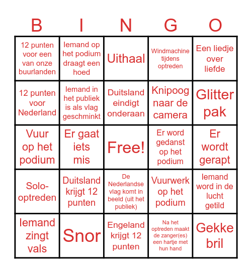 Songfestival Bingo Card