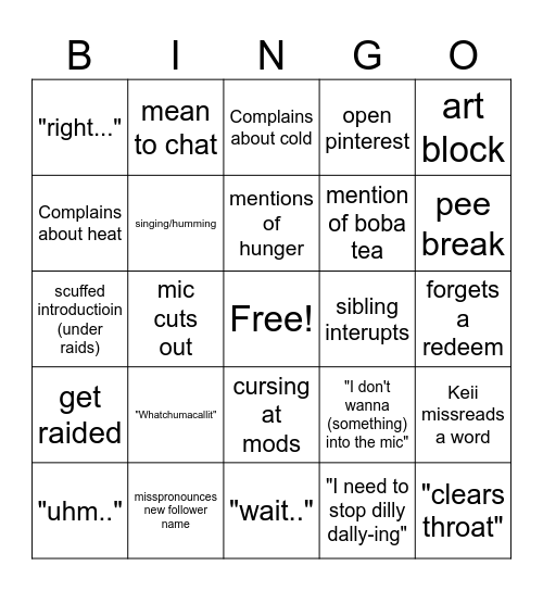 Keii's Stream Bingo Card