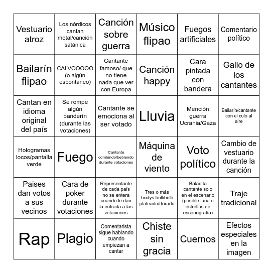 Bingo Eurovisión Bingo Card