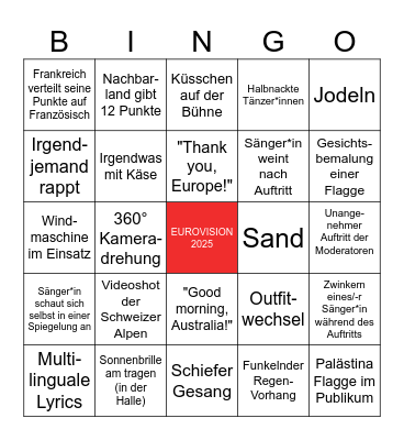 Eurovision 2025 Bingo Card
