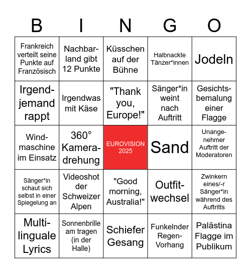 Eurovision 2025 Bingo Card