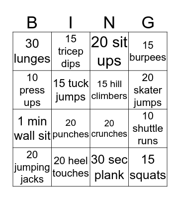 Fitness Bingo Card
