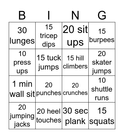 Fitness Bingo Card
