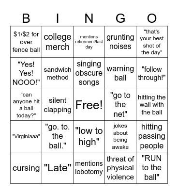 The Saturday Tennis Class Bingo Card