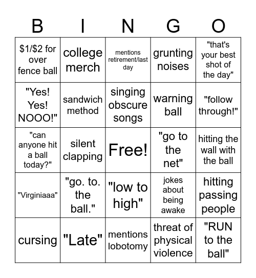 The Saturday Tennis Class Bingo Card