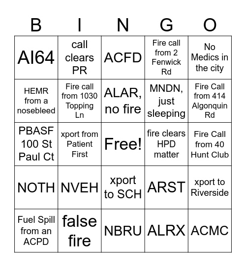 Fire Bingo Card