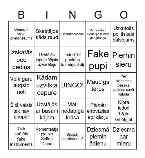 Eirovīzijas bingo Card