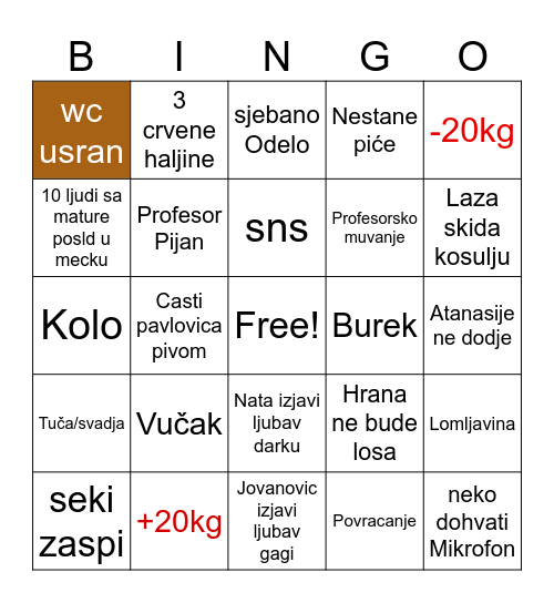 Maturski bingo Card