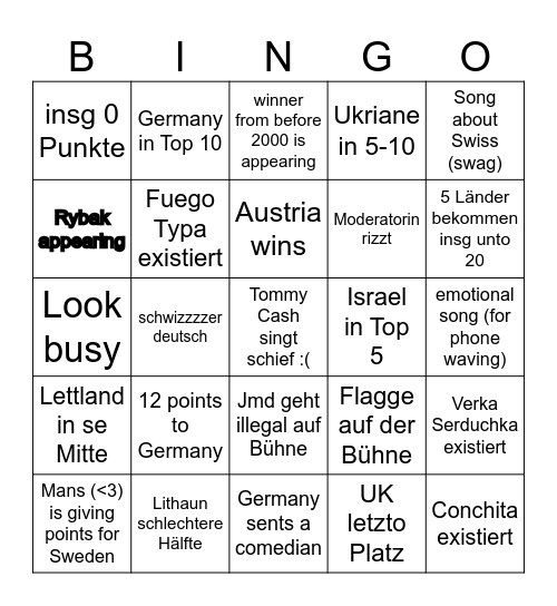 Eurovision Voting Bingo Card
