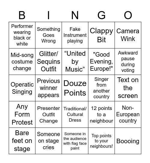 Eurovision 2025 Bingo Card