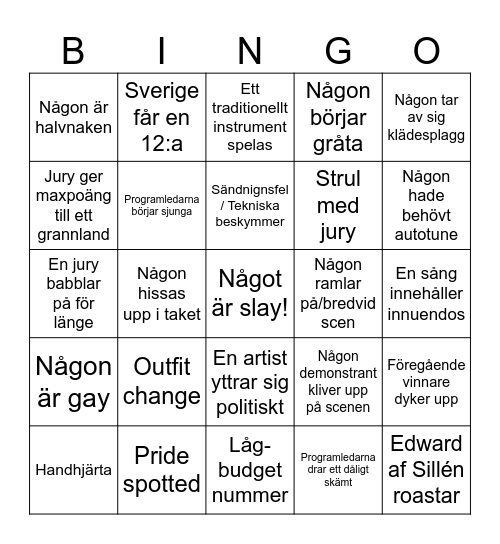 Eurovision Bingo Card
