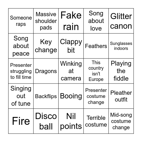 Eurovision Bingo Card