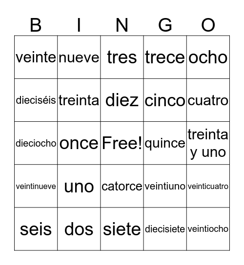 Números 1-31 Bingo Card