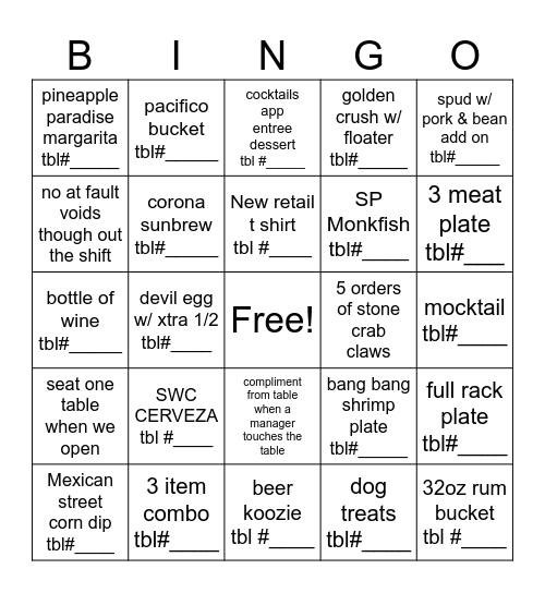 SWC Sales Contest Bingo Card