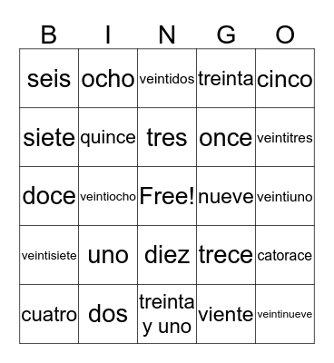 Numbers 1 - 31 Bingo Card