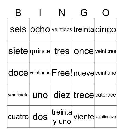 Numbers 1 - 31 Bingo Card