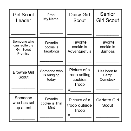 Girl Scout Bingo Card