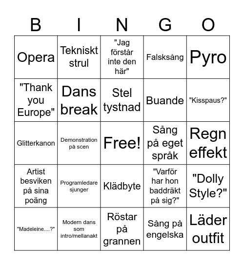 Eurovision Bingo Card