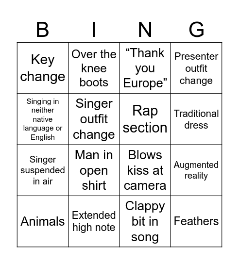 Eurovision Bingo Card