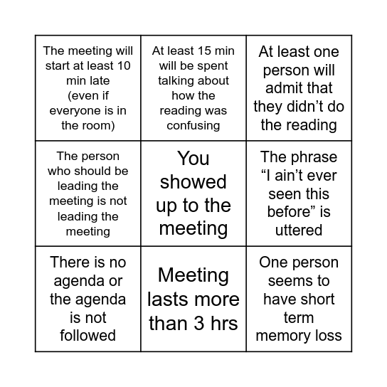 Messy Meeting Bingo Card