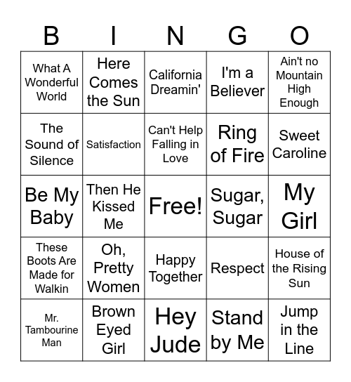 1960's Music Bingo Card
