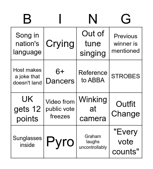 Eurovision Bingo Card