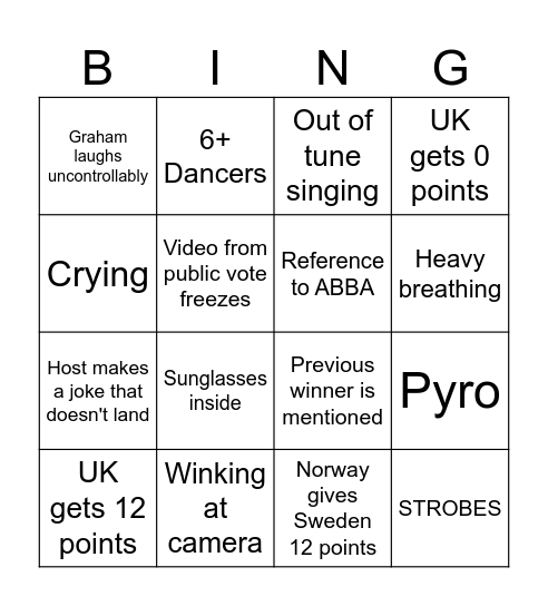 Eurovision Bingo Card