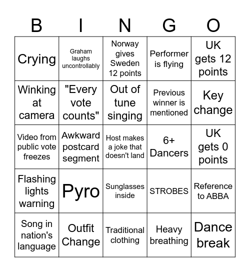 Eurovision Bingo Card