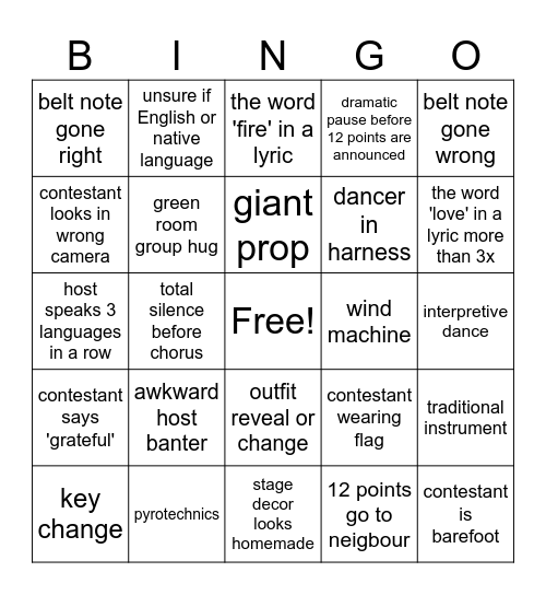 EUROVISION Bingo Card