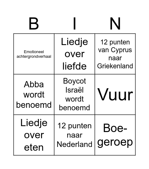 Eurovision Bingo 2025 Bingo Card