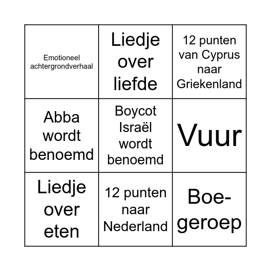 Eurovision Bingo 2025 Bingo Card