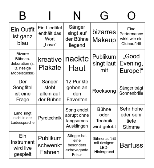 Eurovision 2025 Bingo Card