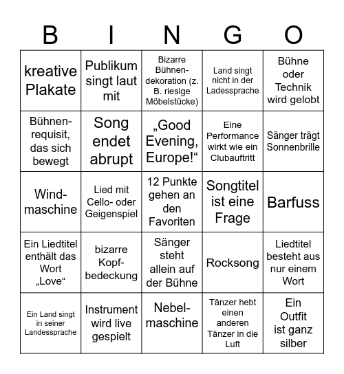 Eurovision 2025 Bingo Card