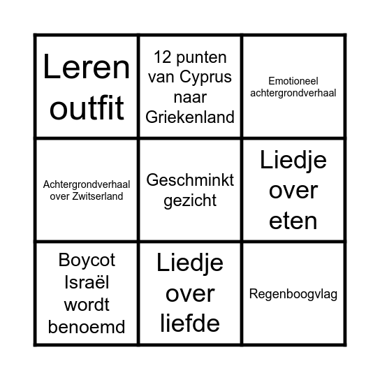 Eurovision Bingo 2025 Bingo Card