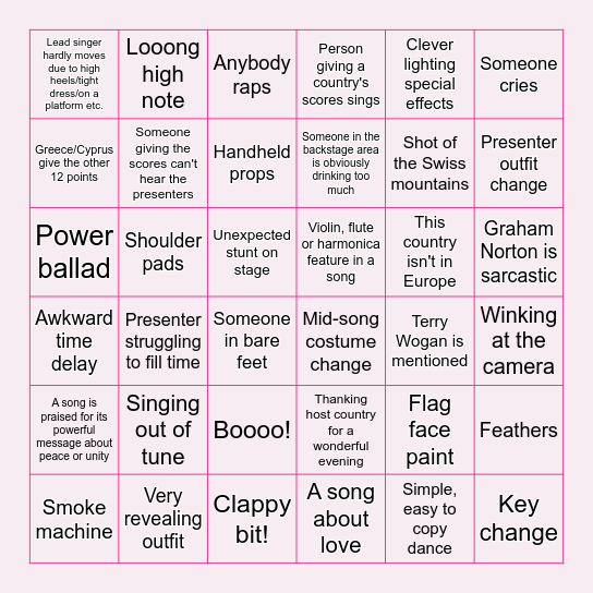 Eurovision Bingo Card