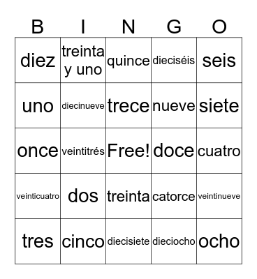 Números 1-31 Bingo Card