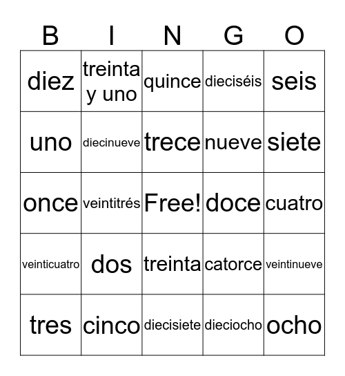 Números 1-31 Bingo Card