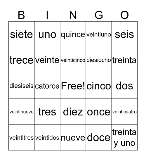 Nulmeros 1-31 Bingo Card
