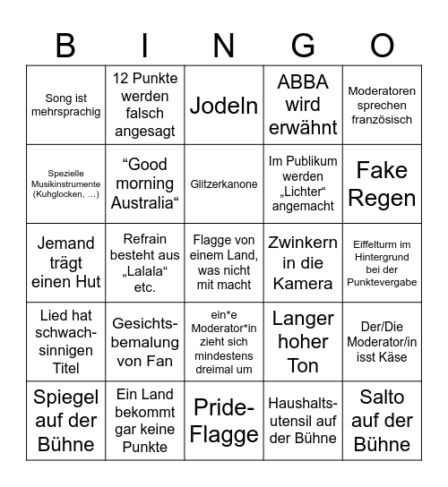 Eurovision ESC Bingo Card