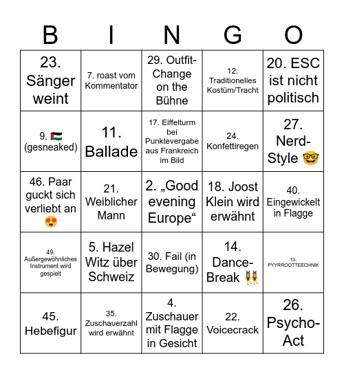 ESC 2025 Bingo Card