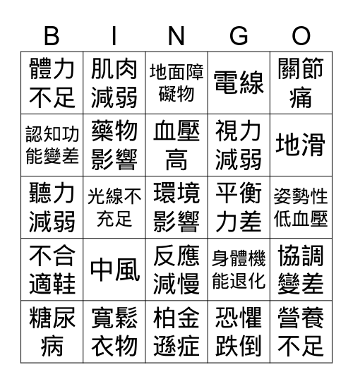導致長者容易跌倒的原因 Bingo Card