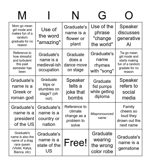 Commencement Bingo 4 Espresso Martini Bingo Card