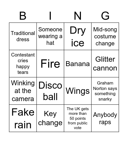 Eurovision Bingo Card