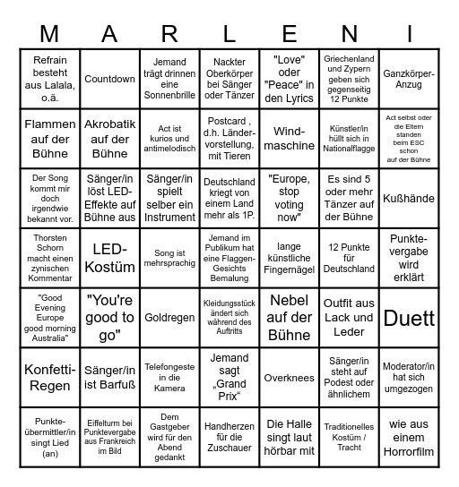 ESC 2025 Bingo (deutsch) Bingo Card