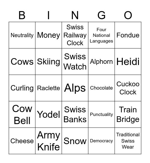 Switzerland Bingo Card