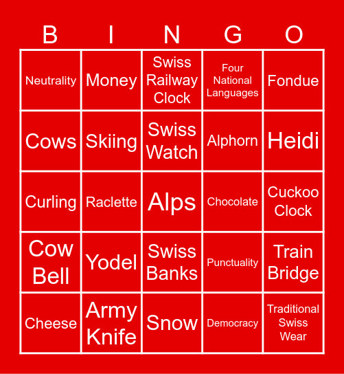 Switzerland Bingo Card