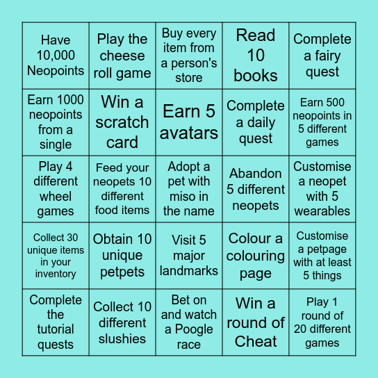 Neopets Race Bingo Card