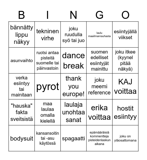 Euroviisubingo 2025 Bingo Card