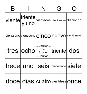 spanish number 1-31 Bingo Card
